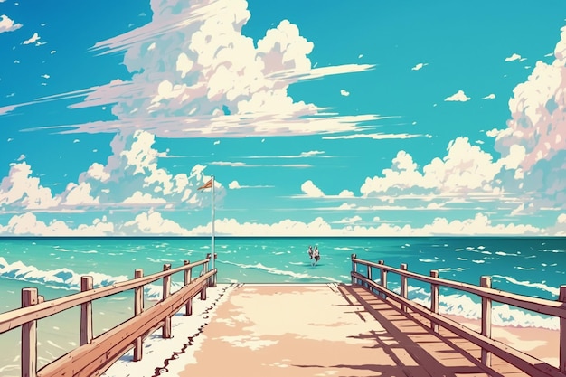 A beach scene with a blue sky and clouds