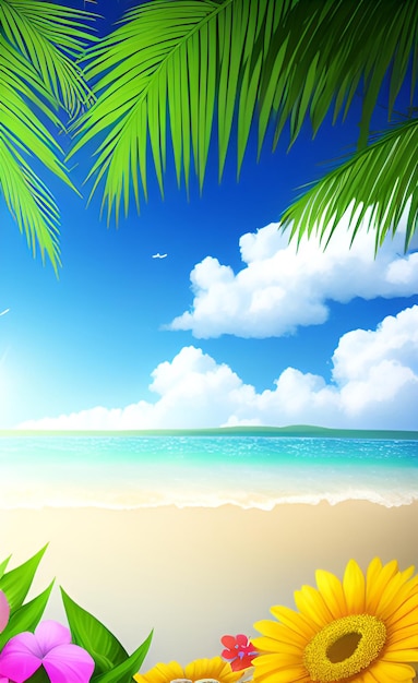 Пляжная сцена с голубым небом и пальмой на переднем плане.