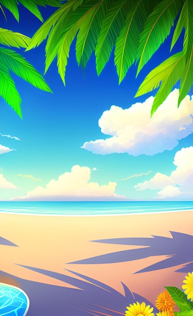 Photo a beach scene with a blue sky and a palm tree.