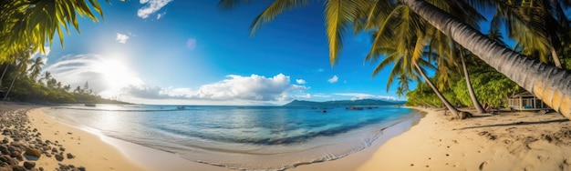 Photo a beach scene with a blue sky and palm trees in the foreground.