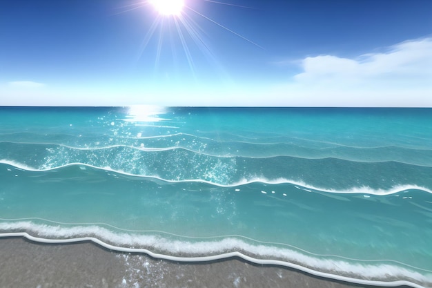 A beach scene with a blue sky and the sun shining on it.