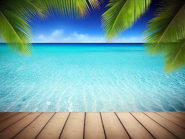 A beach scene with a blue sky and a wooden pier