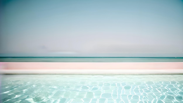 A beach scene with a blue water and a pink beach