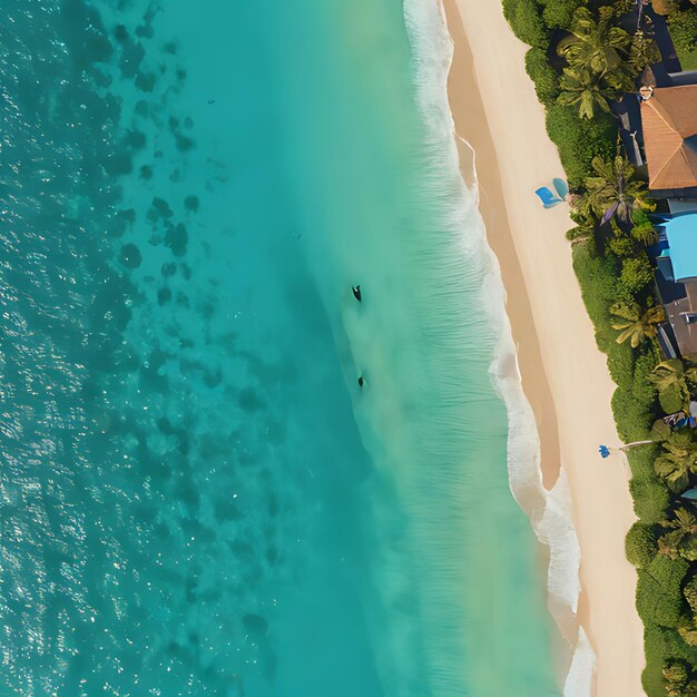 Photo a beach scene with a boat in the water and a beach house in the background