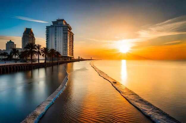 Photo a beach scene with a body of water and a sunset