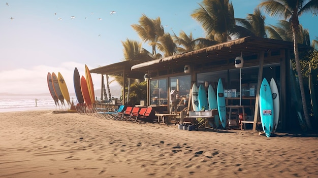 a beach scene with a building with a row of surfboards on the beach