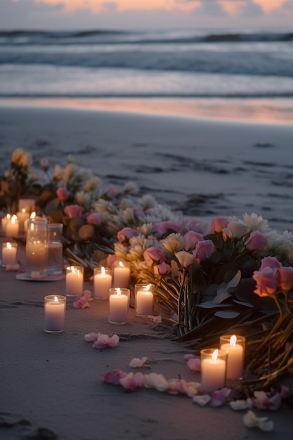 A beach scene with candles and flowers