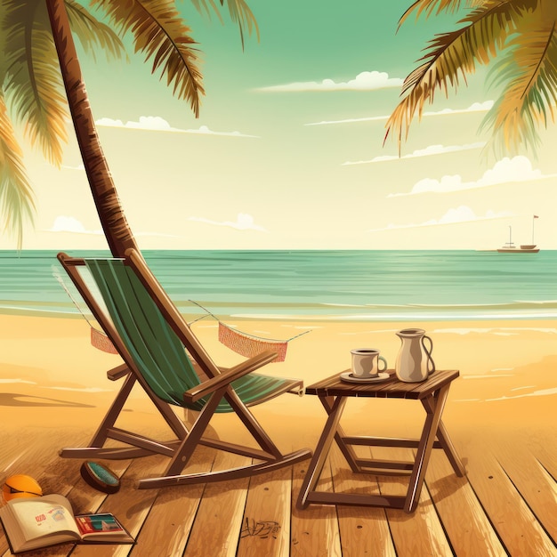 Premium AI Image | A beach scene with a chair and a book on the deck.