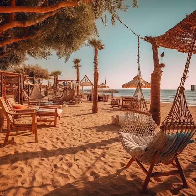a beach scene with chairs and hammock and palm trees