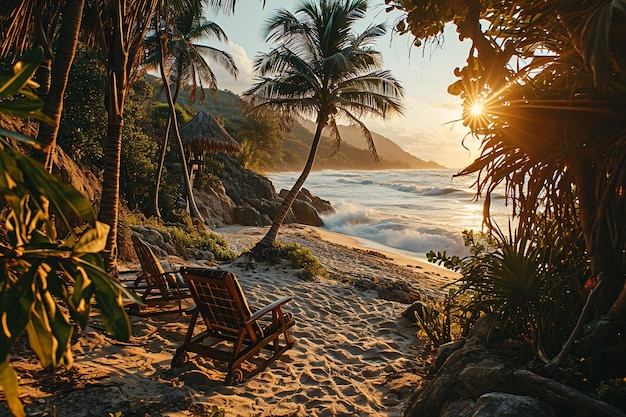 a beach scene with chairs and a palm tree