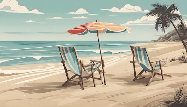 a beach scene with chairs and an umbrella that says beach