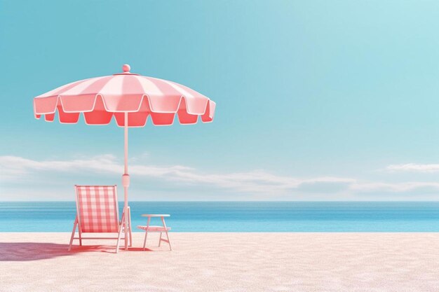 A beach scene with chairs and umbrellas and a blue sky.