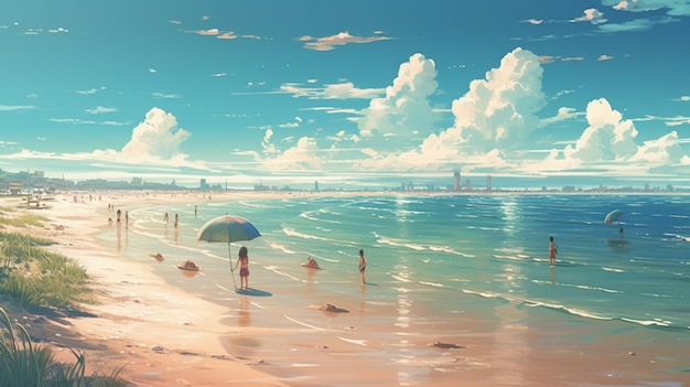 A beach scene with a city in the background