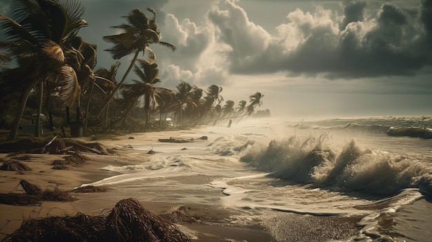 A beach scene with a cloudy sky and waves crashing on the shore.