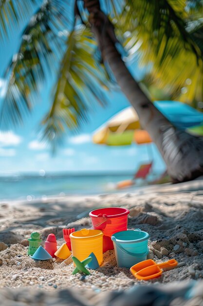 A beach scene with a colorful umbrella and a few beach toys Generative AI