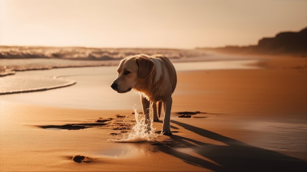 砂浜で犬が遊んでいるビーチのシーン