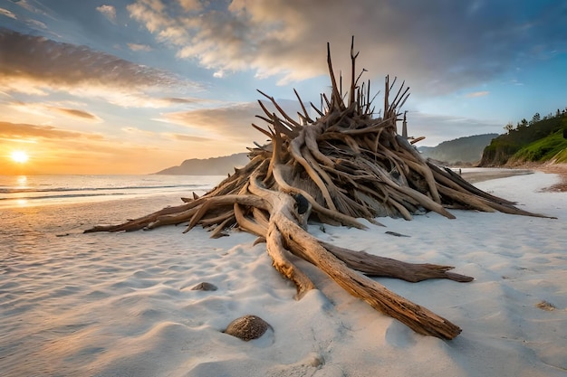 A beach scene with driftwood on the beach