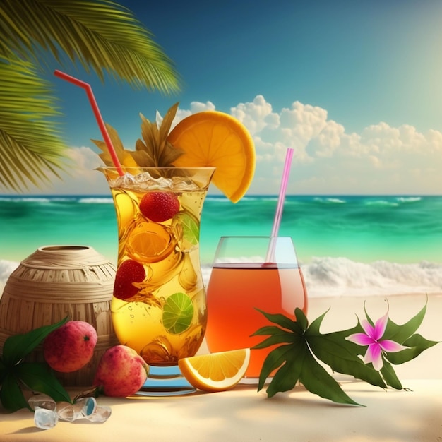 A beach scene with a drink and a bottle of peaches.