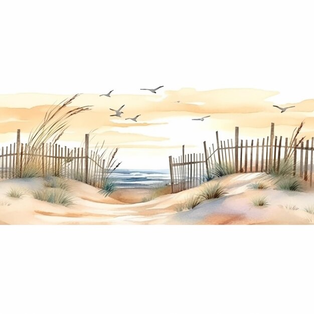 울타리와 갈매기가 있는 해변 장면.