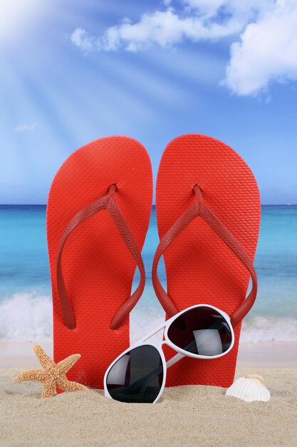 Beach scene with flip flops sandals in summer vacation