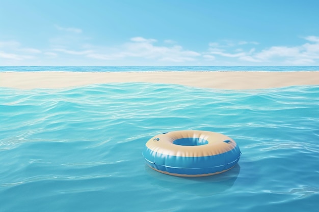 A beach scene with a floating ring in the water.