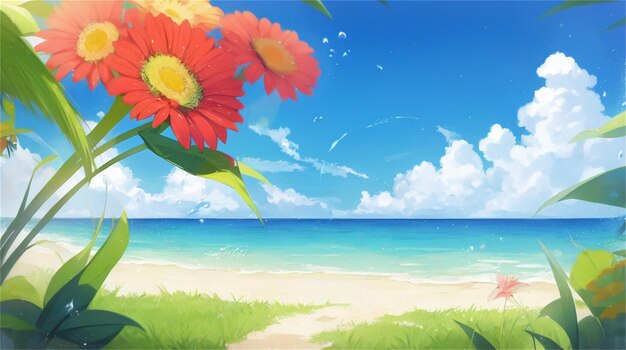 A beach scene with a flower and a blue sky