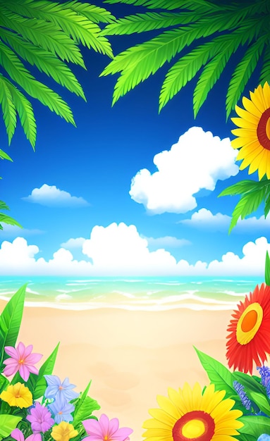 Photo a beach scene with flowers and a blue sky