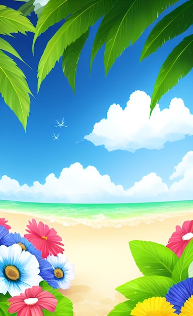 Photo a beach scene with flowers and a blue sky