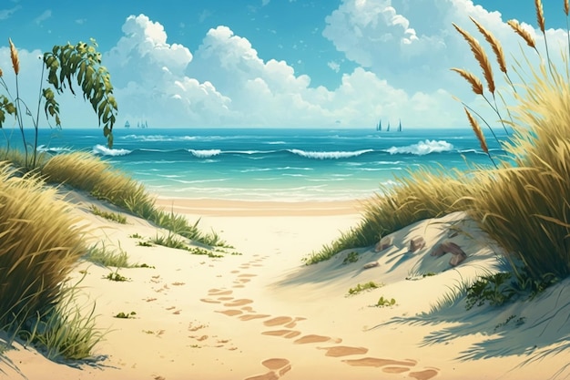 Beach scene with footprints in the sand