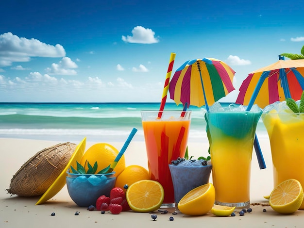 A beach scene with fruit and drinks on the sand