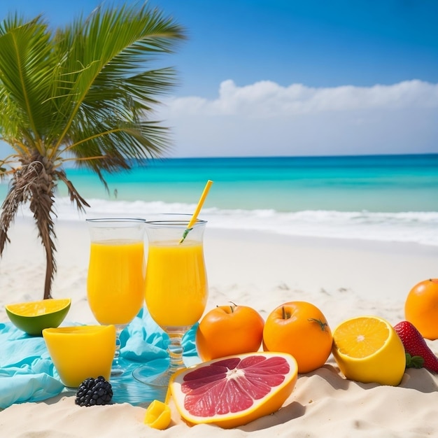 A beach scene with fruit and drinks on the sand