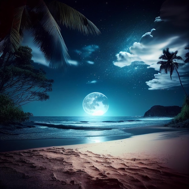 A beach scene with a full moon in the sky