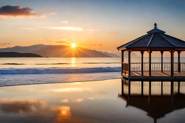 A beach scene with a gazebo and a gazebo at sunset