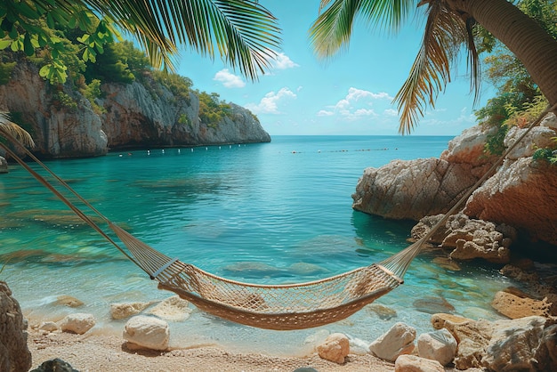 Beach scene with a hammock hanging over the water