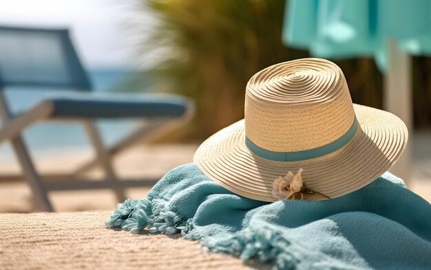 모자와 파란색 스카프가 있는 해변 장면.