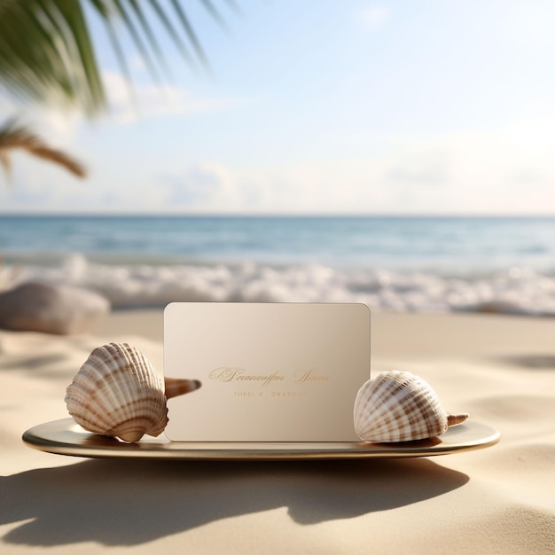 a beach scene with a hat and seashells on a plate.