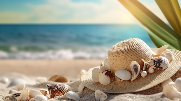 A beach scene with a hat and shells on the sand