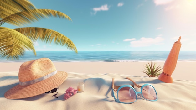 A beach scene with a hat and sunglasses on the sand.