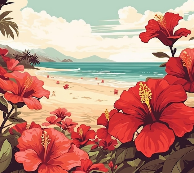 A beach scene with hibiscus flowers on it.