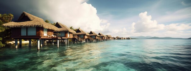 A beach scene with a house in the water