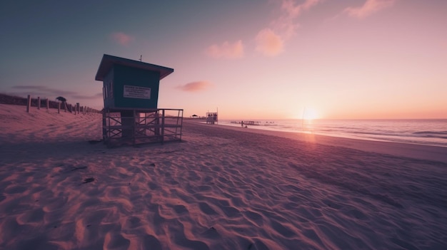 A beach scene with a lifeguard tower at sunset