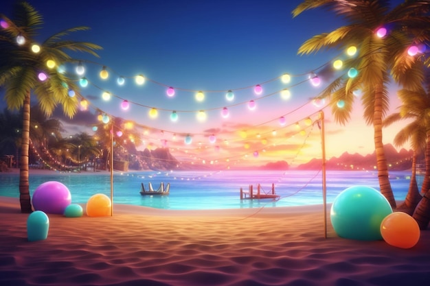 A beach scene with lights and a sunset