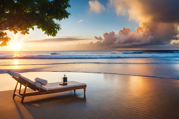 A beach scene with a lounge chair and a sunset in the background.