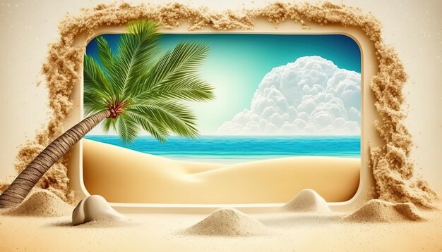 A beach scene with a palm tree and a beach scene.