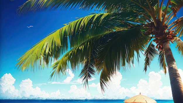 A beach scene with a palm tree and a beach umbrella.