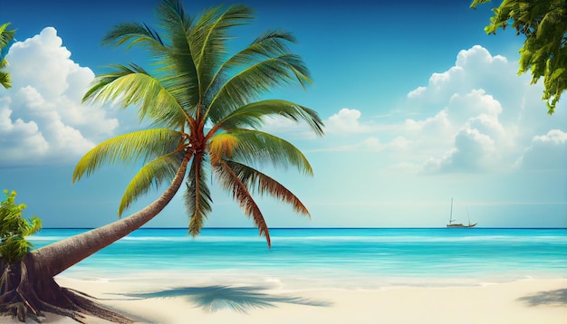 A beach scene with a palm tree on the beach.