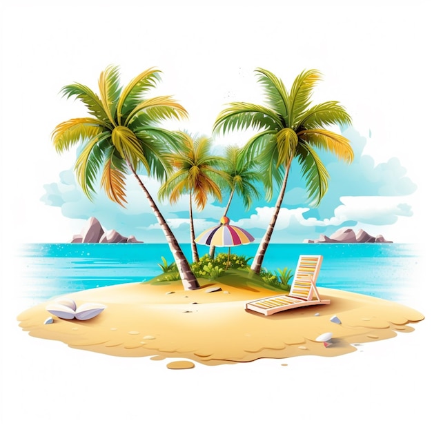 A beach scene with a palm tree and a bench on it.