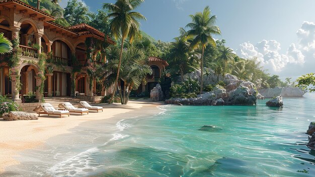 a beach scene with a palm tree and a building in the background