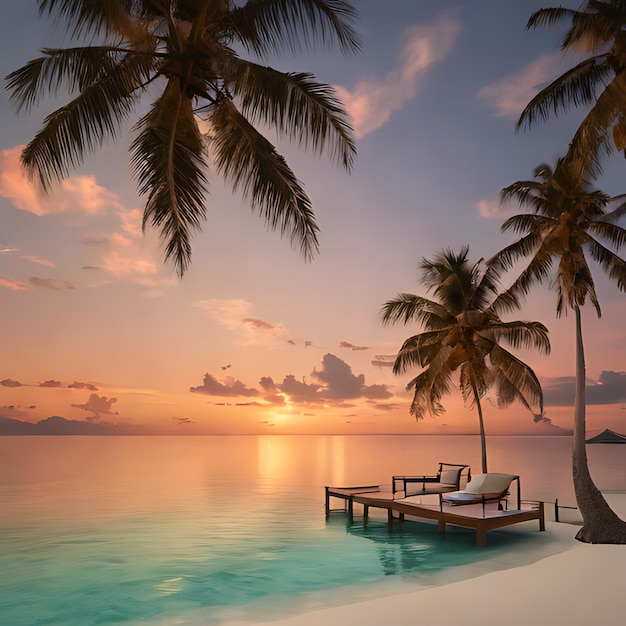 a beach scene with a palm tree and a chair on the beach