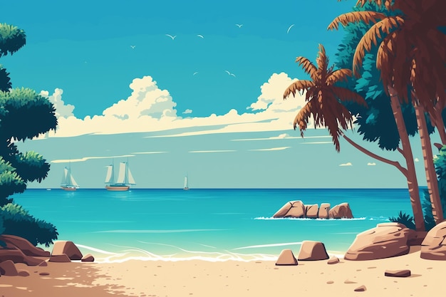 A beach scene with a palm tree and a ship in the distance.